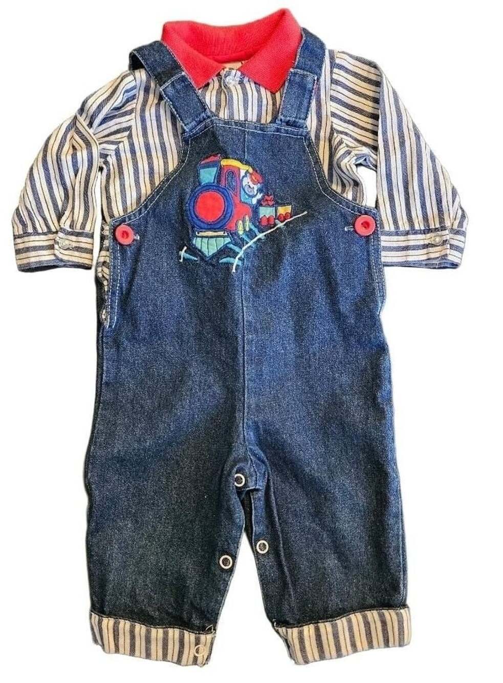 Vintage 90s Baby Togs Train Denim Overalls Set 6-9M